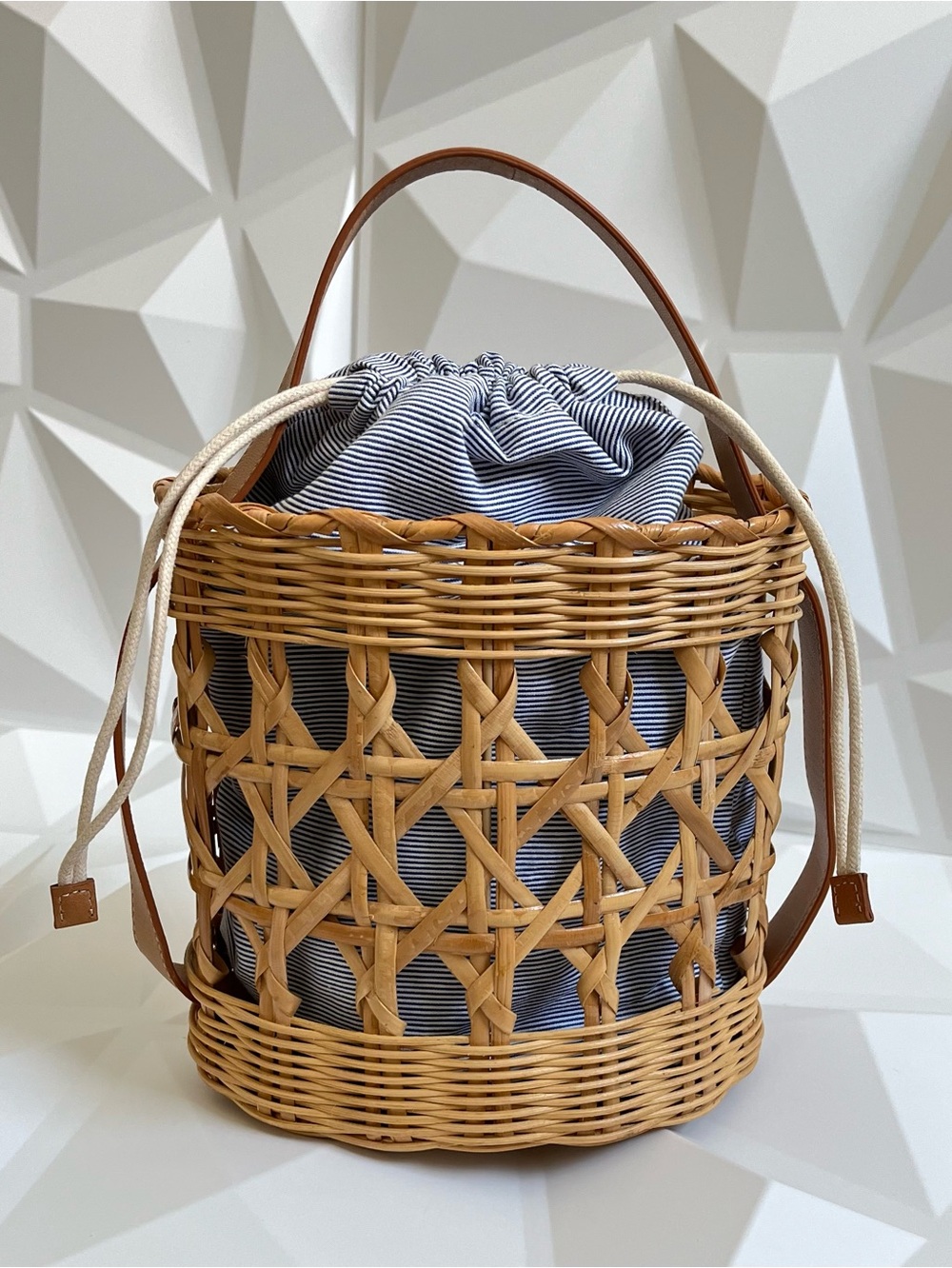 J. McLaughlin Wicker Handbag Natural Woven Rattan Bucket Bag Drawstring Closure
